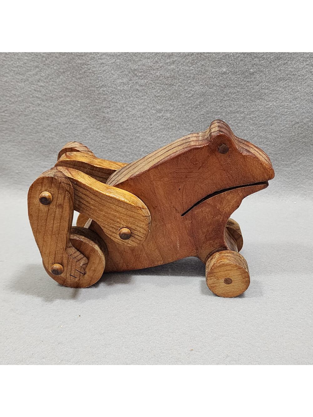 Handcrafted Wooden Frog Push Pull Along Childs Toys Articulated Back Legs Rustic